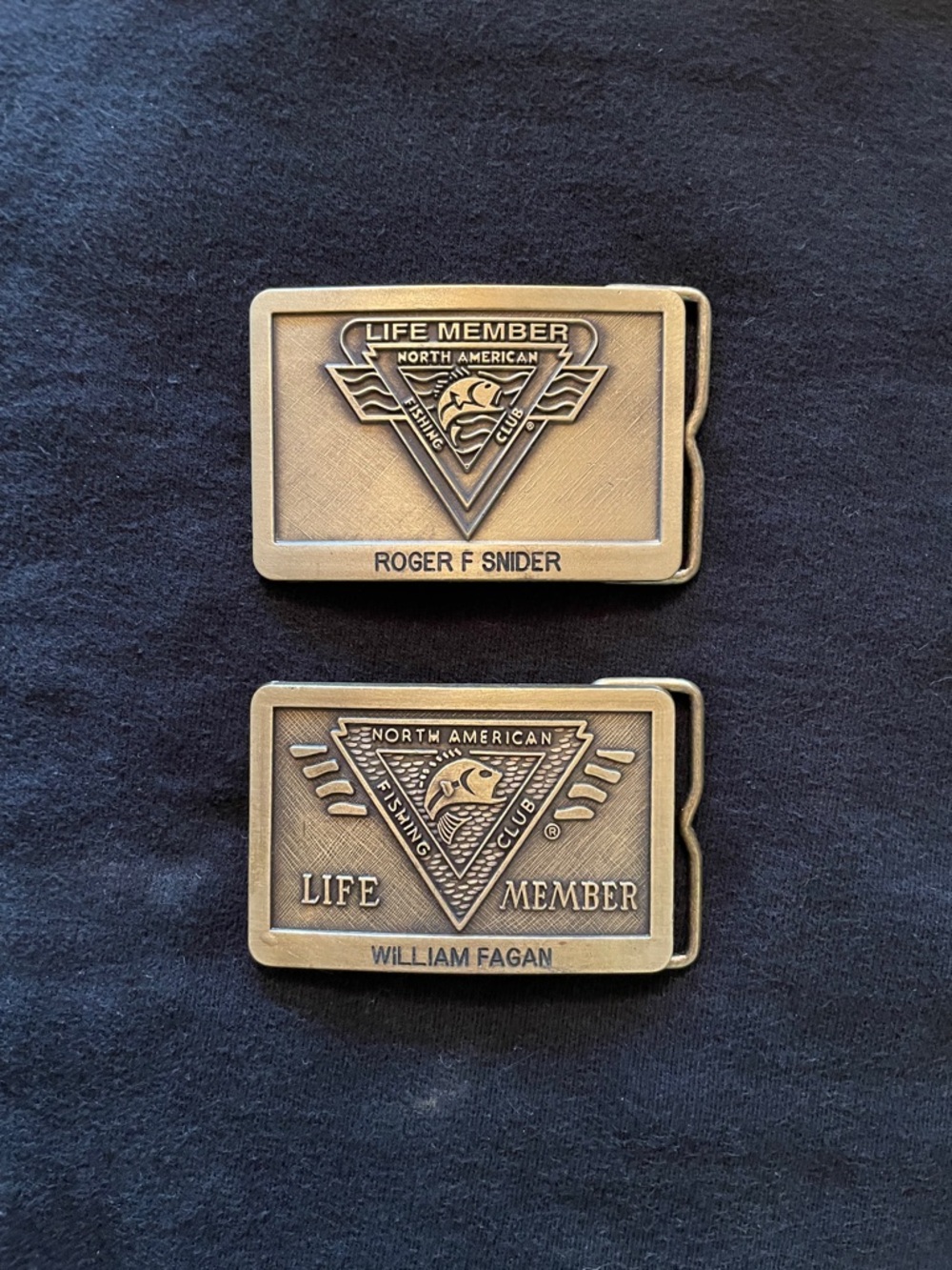 Set of 2 - Vintage North American Fishing Club Brass Belt Buckles